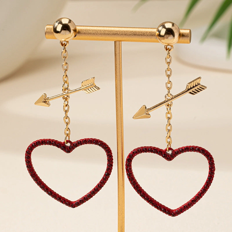 Wholesale Red Love Earrings Pierce Heart with One Arrow Advanced European and American Cross-border Qingdao Foreign Trade Jewelry Ladies Valentine's Day Gift