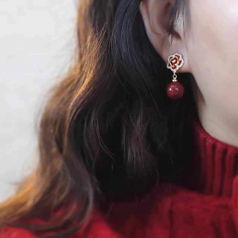 Wholesale Red rose pearl earrings silver needle long earrings