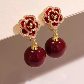 Wholesale Red rose pearl earrings silver needle long earrings