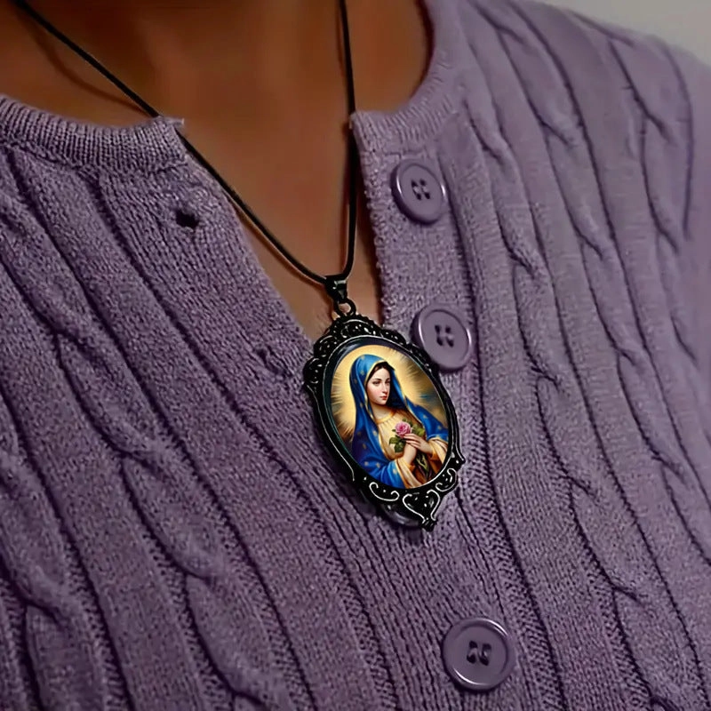 Wholesale Religious Virgin Mary Pattern Glass Pendant Black Frame Pendant Necklaces