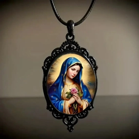 Wholesale Religious Virgin Mary Pattern Glass Pendant Black Frame Pendant Necklaces