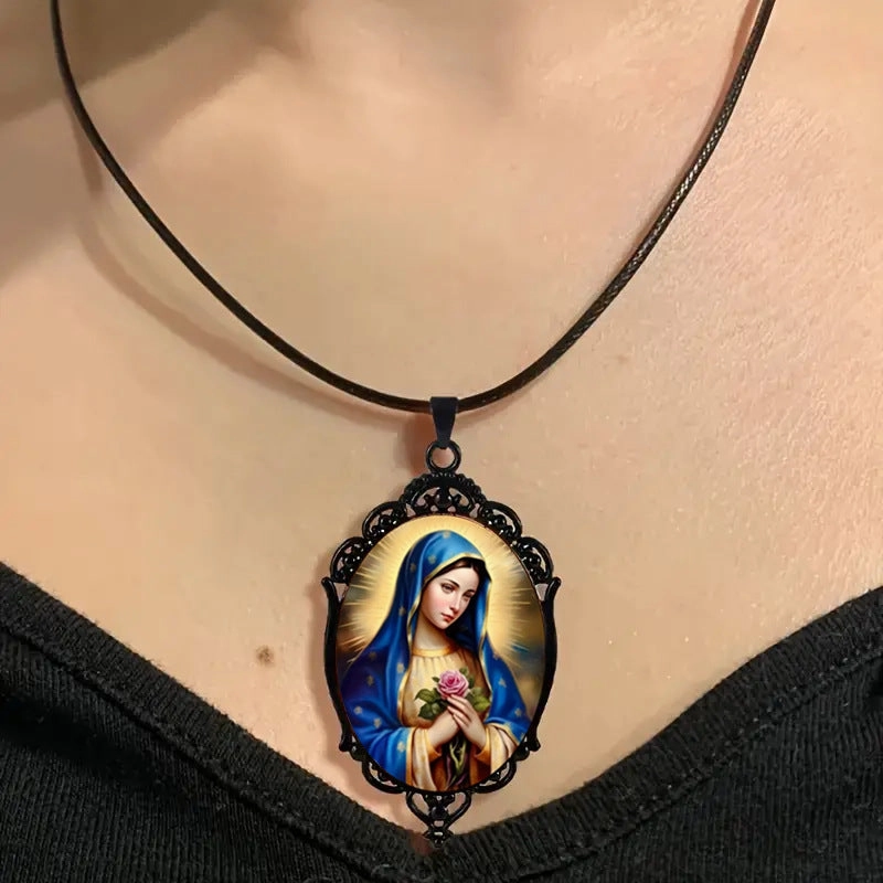 Wholesale Religious Virgin Mary Pattern Glass Pendant Black Frame Pendant Necklaces