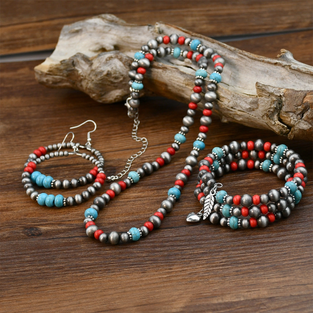 Wholesale Retro Bohemian red turquoise beaded jewelry ethnic style ancient tin necklace earrings bracelet three-piece set