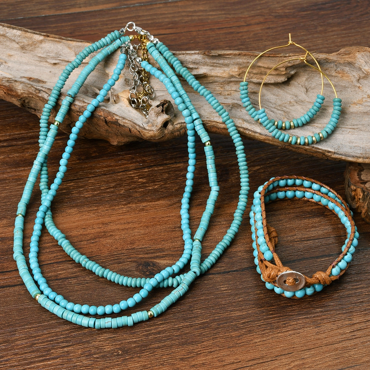 Wholesale Retro ethnic style turquoise beaded new Chinese necklace bracelet earrings set