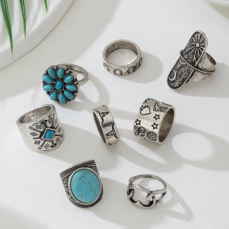 Wholesale Retro exaggerated western style distressed silver turquoise geometric ring set