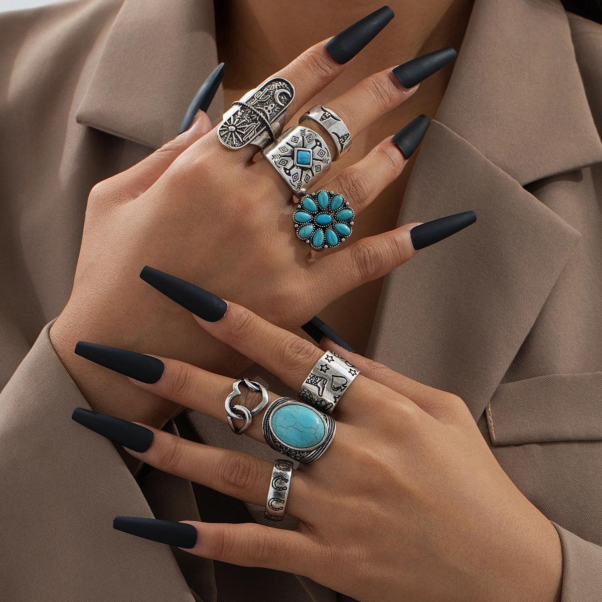 Wholesale Retro exaggerated western style distressed silver turquoise geometric ring set