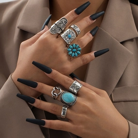 Wholesale Retro exaggerated western style distressed silver turquoise geometric ring set