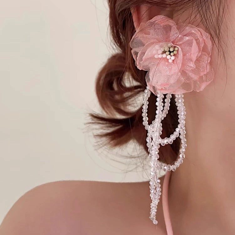 Wholesale Retro flower crystal tassel earrings fairy temperament holiday style exaggerated earrings