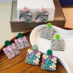 Wholesale Retro Flower Earrings Spring Creative Square Wave Sunflower Daisy Acrylic Earrings