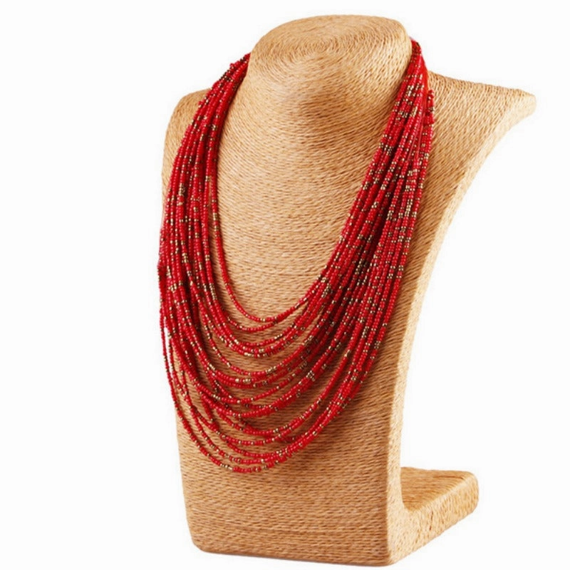 Wholesale Retro Gemstone Exaggerated Personality Bohemian Water Drop Multi-layered Rice Bead Necklaces