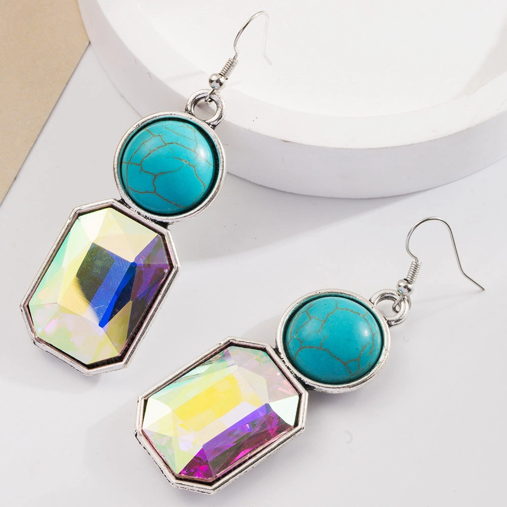 Wholesale Retro Geometric Creative Alloy Inlaid Turquoise Color Diamond Bohemian Earrings
