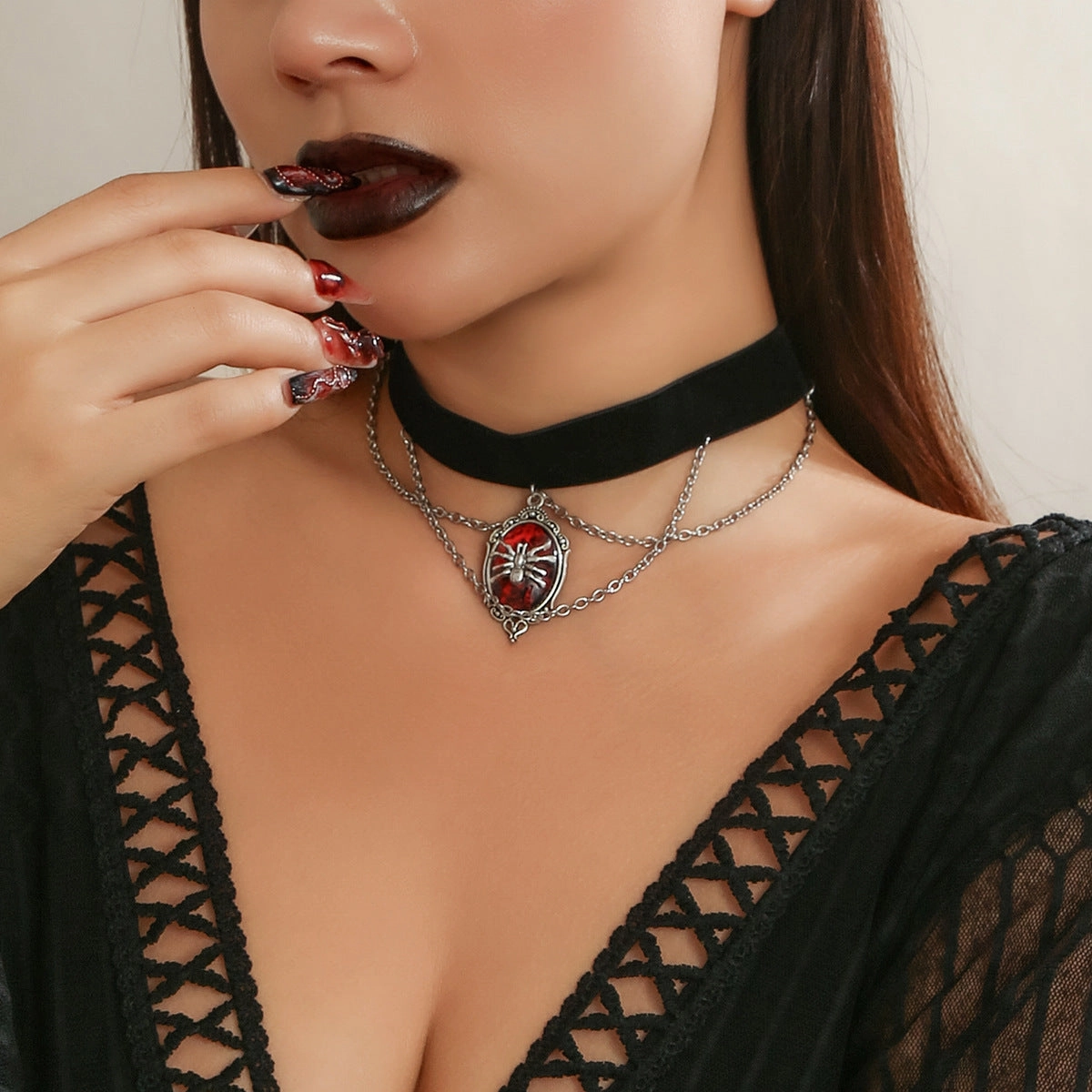 Wholesale Retro Gothic Dark Velvet Red Spider Collar