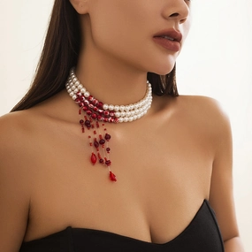 Wholesale Retro Gothic style bleeding tassel multi-layer imitation pearl necklace