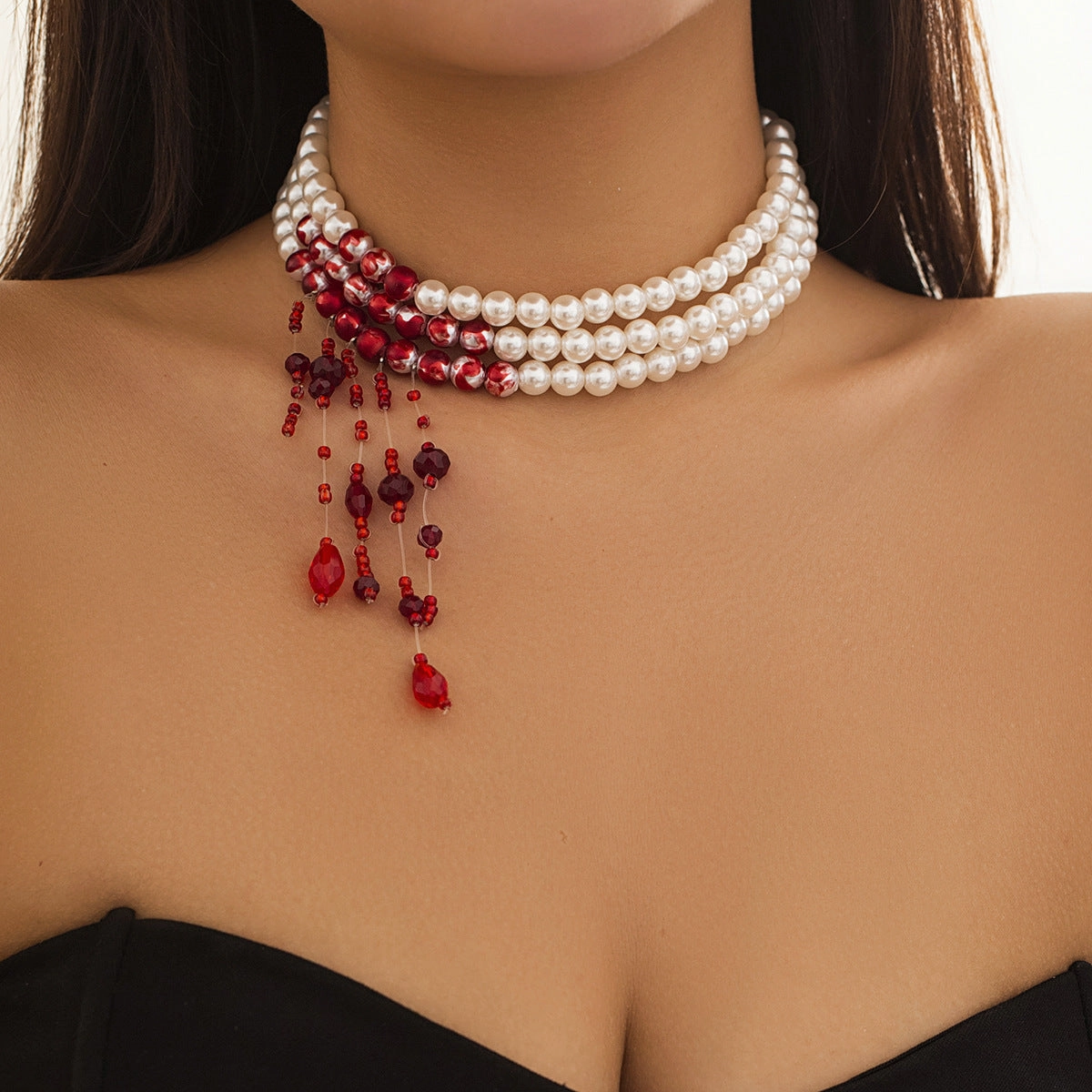 Wholesale Retro Gothic style bleeding tassel multi-layer imitation pearl necklace