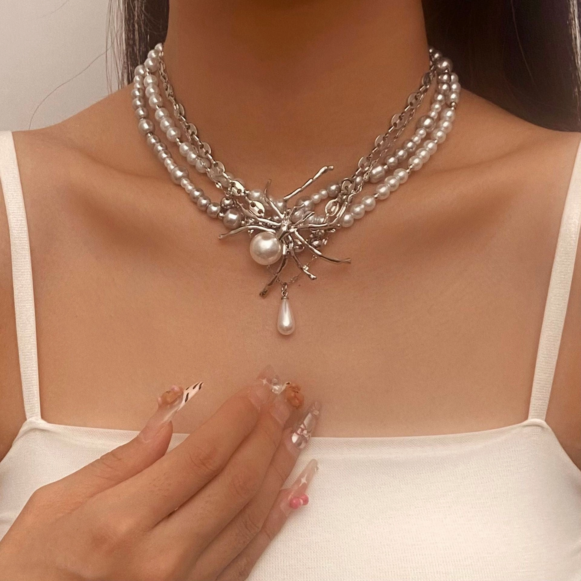 Wholesale Retro Gothic style bleeding tassel multi-layer imitation pearl necklace