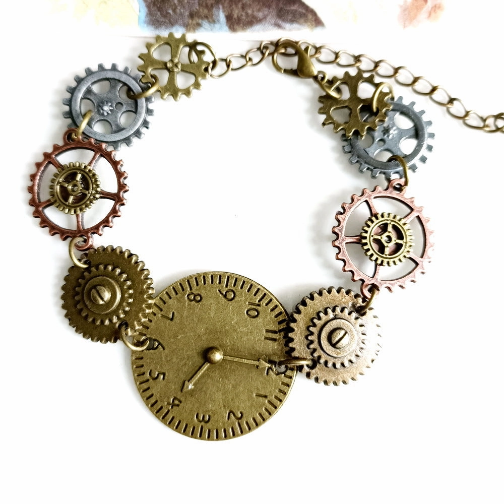 Wholesale Retro Industrial Time Dial Clock Mixed Color Gear Steampunk Alloy Bracelet