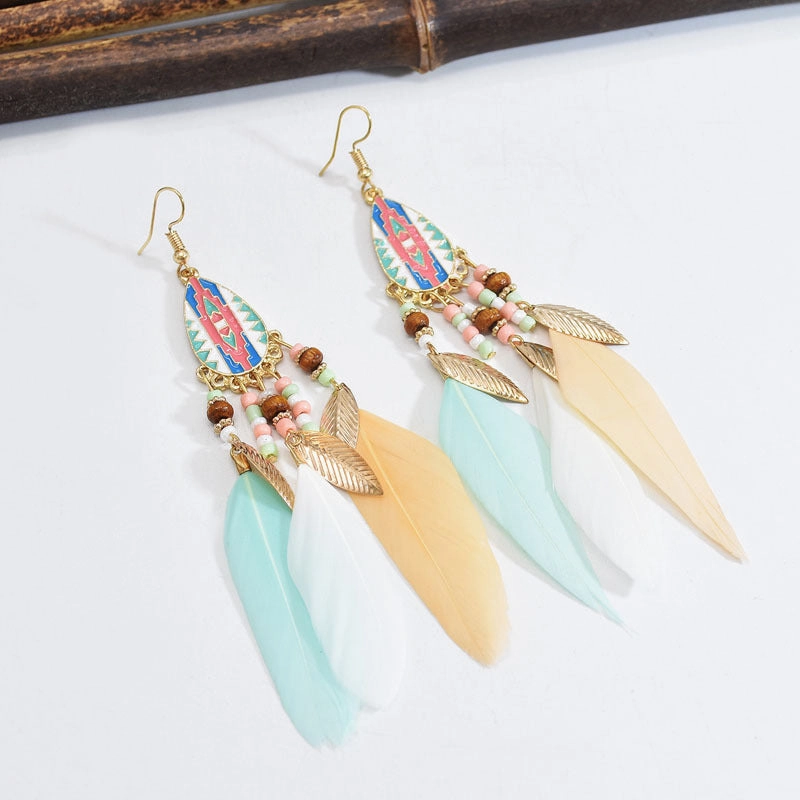 Wholesale Retro Pattern Long Rice Bead Tassel Earrings