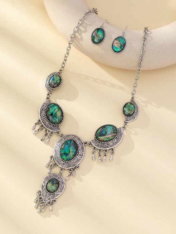 Wholesale Retro personality fashion oval flower abalone earrings necklace earrings