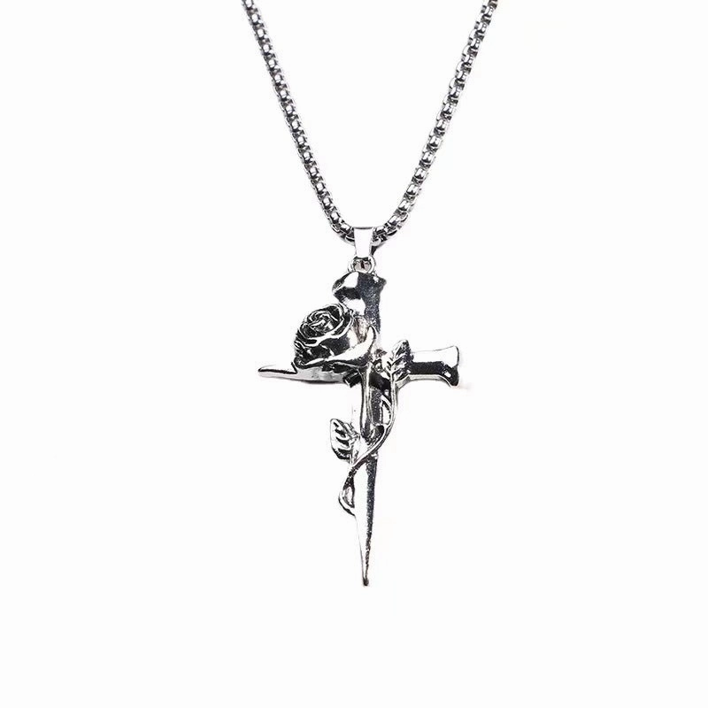 Wholesale Retro Rose Cross Hip Hop Couple Alloy Pendant Sweater Chain Necklace
