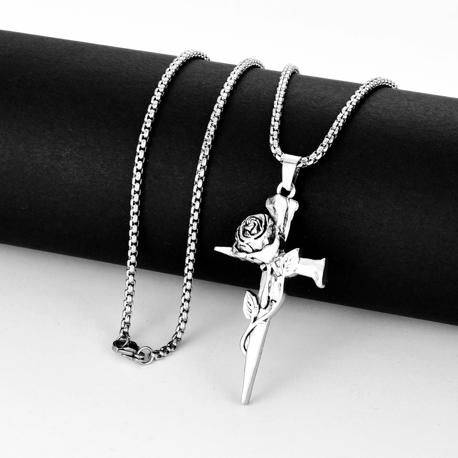 Wholesale Retro Rose Cross Hip Hop Couple Alloy Pendant Sweater Chain Necklace