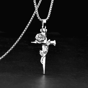 Wholesale Retro Rose Cross Hip Hop Couple Alloy Pendant Sweater Chain Necklace