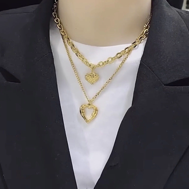 Wholesale retro simple multi-layer metal texture hollow heart pendant necklace