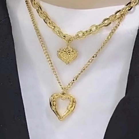 Wholesale retro simple multi-layer metal texture hollow heart pendant necklace