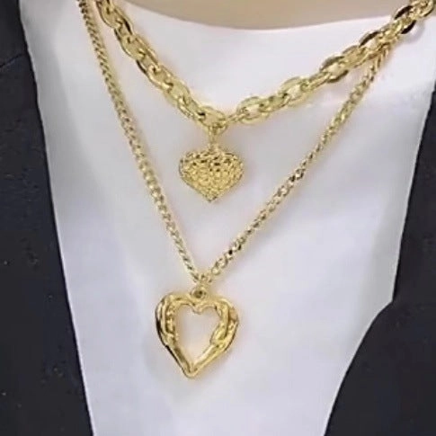 Wholesale retro simple multi-layer metal texture hollow heart pendant necklace