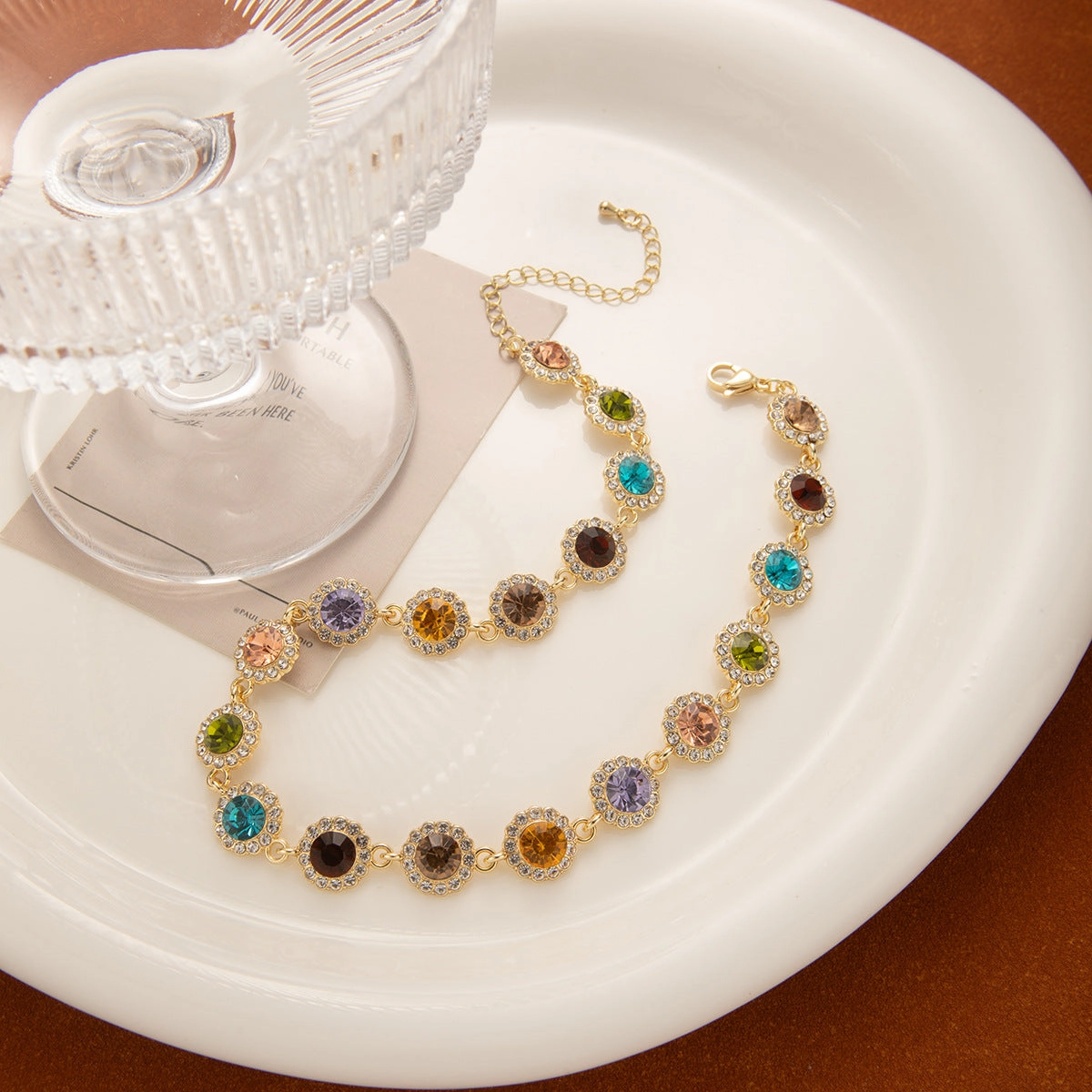 Wholesale Retro style colorful diamond teardrop round clavicle necklace