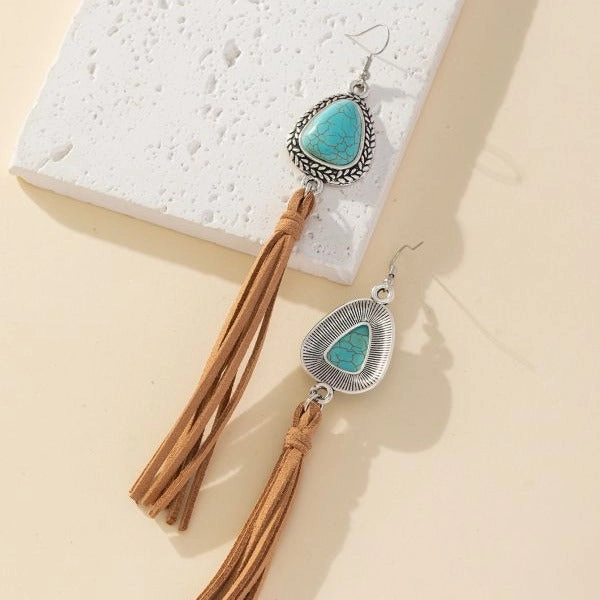 Wholesale Retro T-shaped turquoise tassel coffee-colored earrings