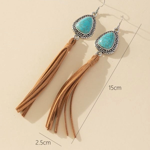 Wholesale Retro T-shaped turquoise tassel coffee-colored earrings