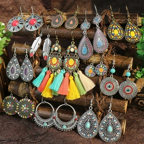 Wholesale Retro Tassel Hollow Alloy Oil Dripping Earrings Set