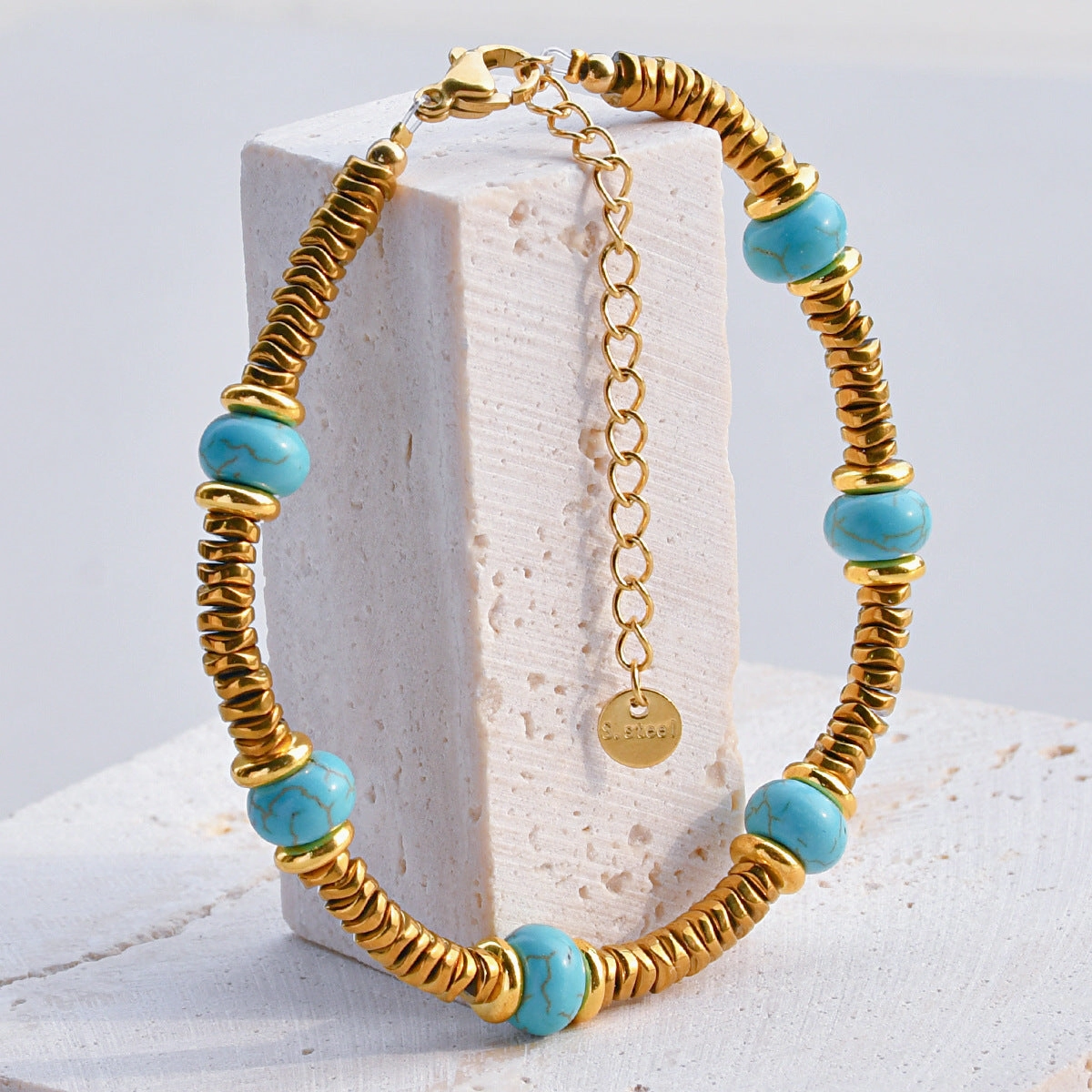 Wholesale Retro texture color natural stone stitching titanium steel bracelet