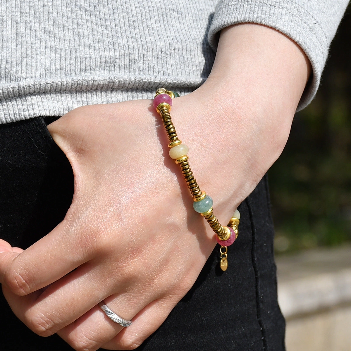 Wholesale Retro texture color natural stone stitching titanium steel bracelet
