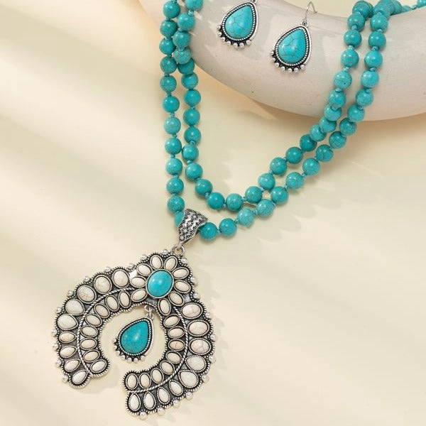 Wholesale Retro three-layer flower earrings turquoise earrings Western style exaggerated turquoise Buddha beads necklace jewelry set