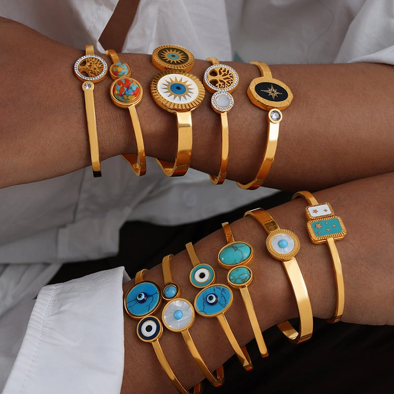 Wholesale Retro Titanium Steel Drip Oil Octagram Open Stretch Female Bracelet