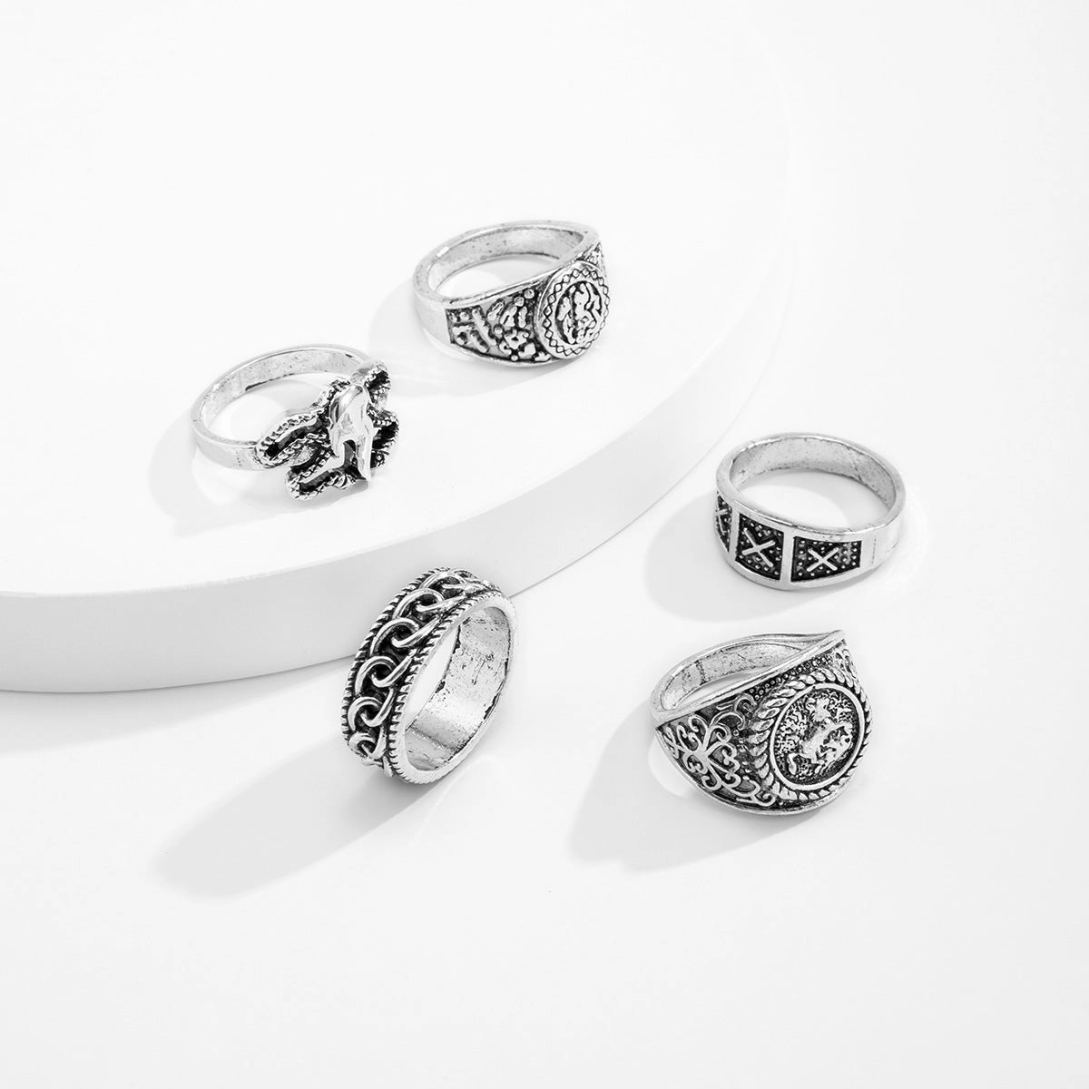 Wholesale Retro Totem Geometric Men's Metal Ring 5-Piece Set