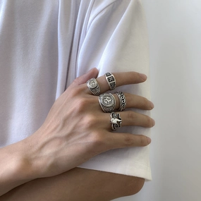 Wholesale Retro Totem Geometric Men's Metal Ring 5-Piece Set