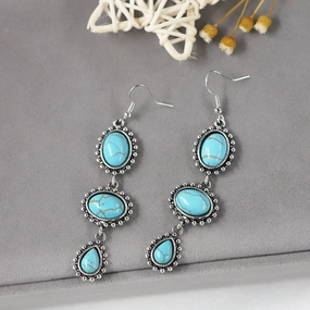 Wholesale Retro Turquoise Inlaid Long Geometric Oval Earrings