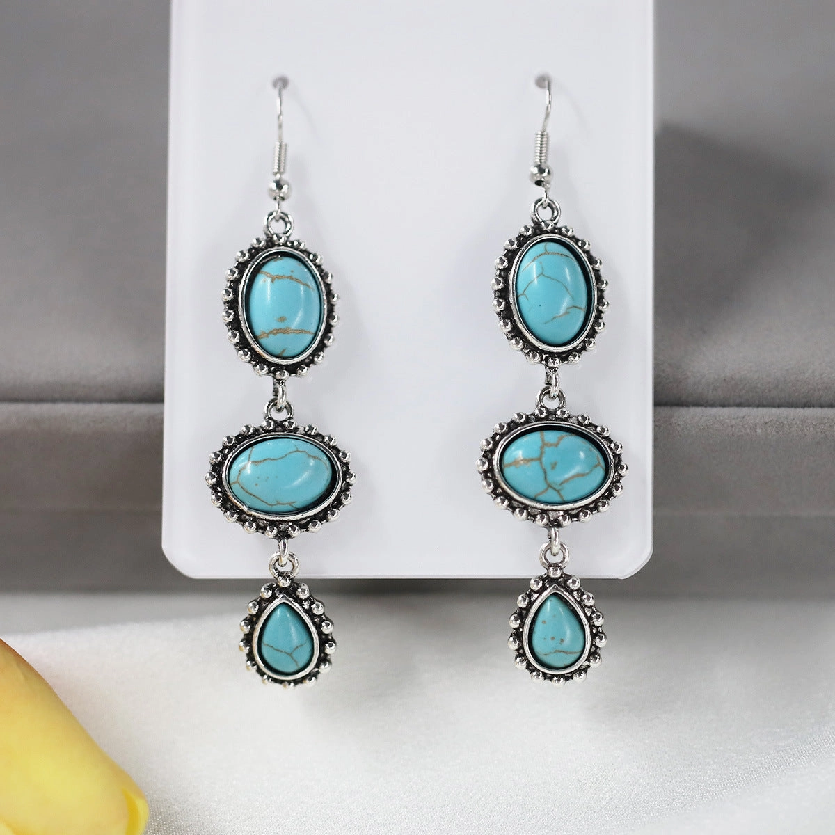 Wholesale Retro Turquoise Inlaid Long Geometric Oval Earrings