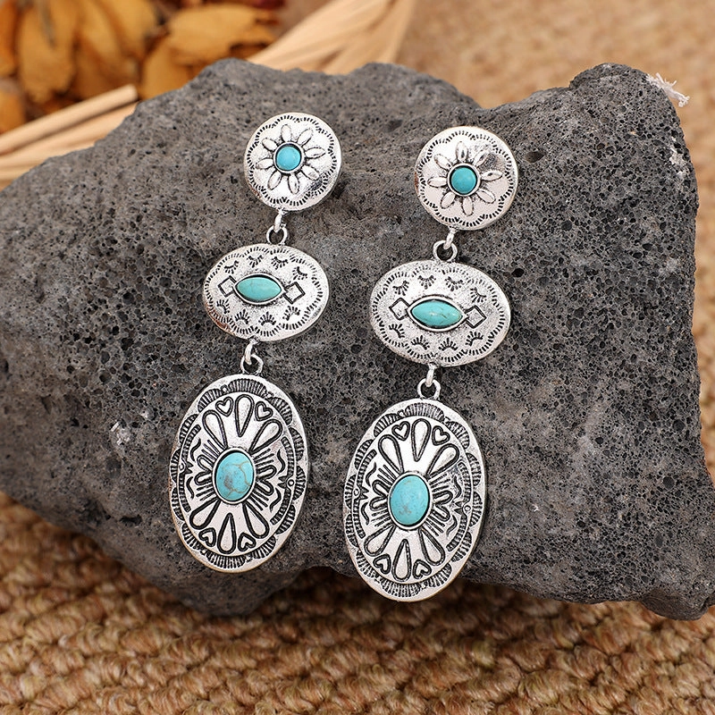 Wholesale retro Western wind turquoise oval earrings personality exaggerated earrings
