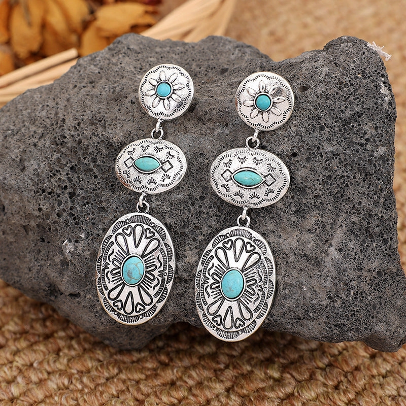 Wholesale retro Western wind turquoise oval earrings personality exaggerated earrings