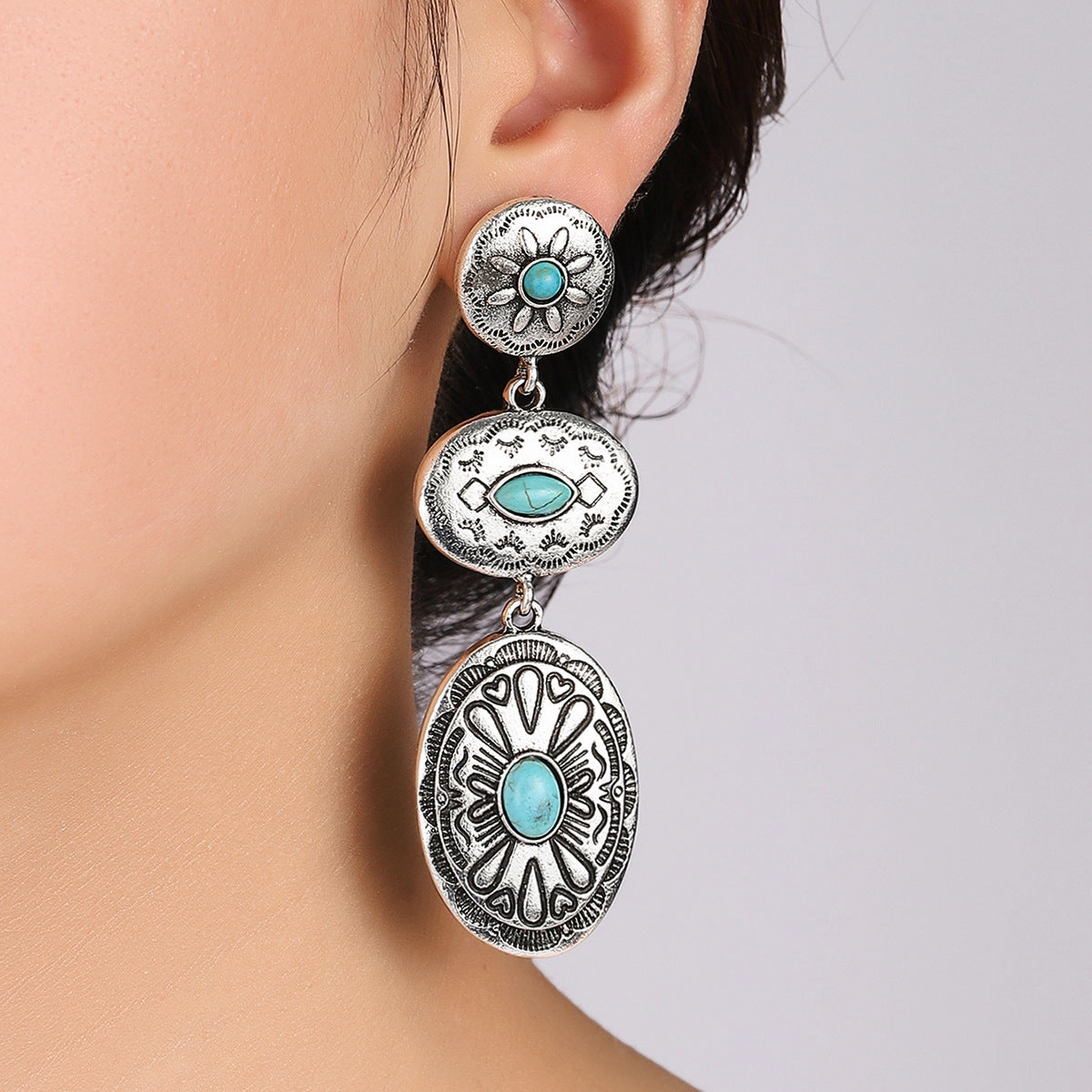 Wholesale retro Western wind turquoise oval earrings personality exaggerated earrings