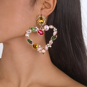 Wholesale Rhinestone Alloy Exaggerated Colored Diamond Gemstone Love Palace Style Earrings