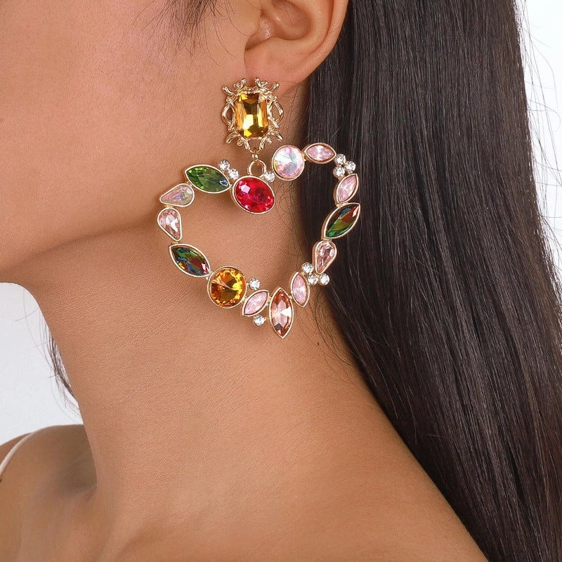 Wholesale Rhinestone Alloy Exaggerated Colored Diamond Gemstone Love Palace Style Earrings