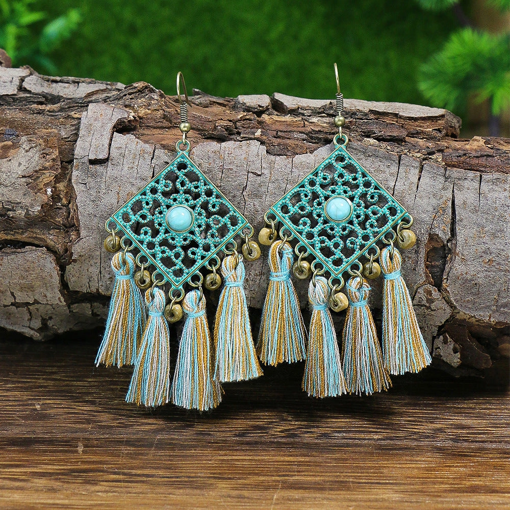 Wholesale Rhombus Carved Tassel Alloy Earrings Necklace Set