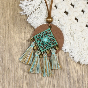 Wholesale Rhombus Carved Tassel Alloy Earrings Necklace Set