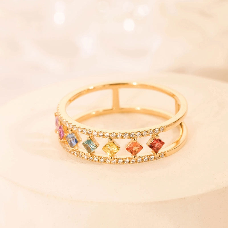Wholesale Rhombus Colorful Zircon Gold Plated Copper Rings
