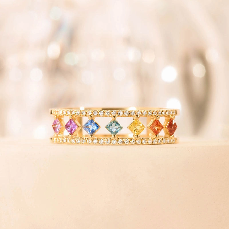 Wholesale Rhombus Colorful Zircon Gold Plated Copper Rings