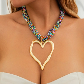 Wholesale Rice Beads Multi-layered Love-shaped Pendant Heart Alloy Necklace